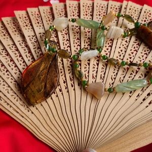 Unique Vintage Green and Gold Leaf Necklace